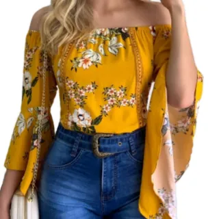Manga Flare Blusa Ciganinha Feminina - Preto flor amarela