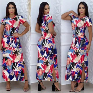 Vestido de amarrar na cintura estampado e liso, longo - Vestido verde militar