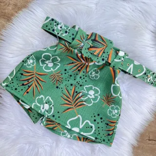 Saia estampada curta em malha suplex com cinto removível - Amarelo