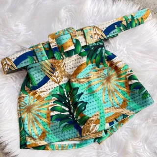 Saia estampada curta em malha suplex com cinto removível - Amarelo