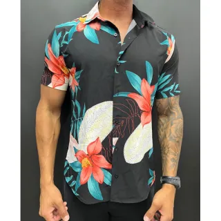 Estampada Verão Masculina Manga Curta Floral Camisa - Laranja florida 1