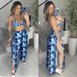 Moda praia feminina: conjunto de biquíni e calça pantalona para saída - KIT ESTAMPA I- ASA DELTA