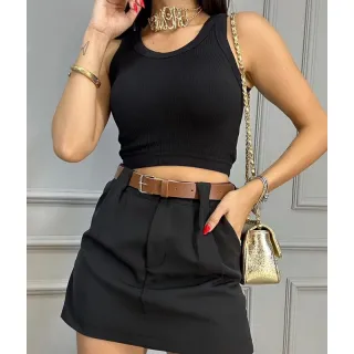 Saia Tendência de Alfaiataria Curta com Cinto de Couro - FUSCIA