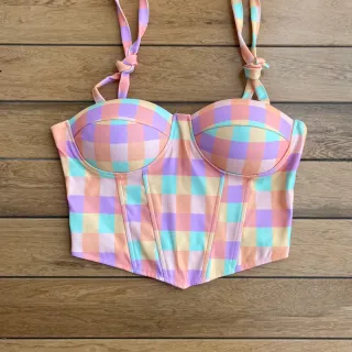 Corset com bojo floral onça amarrar no ombro, colorido e candy colors - 5-bolinha candy