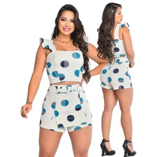 Conjunto Floral Croped e Short Saia de Malha - C.S.A Geom Azul