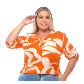 Camisa Social Feminina Estampada Plus Size Manga 3/4 - PRETO  COM BRANCO