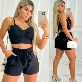 Promoção: Conjunto Top Cropped Moda Feminina com bojo e amarrar atrás + Short Verão com bolsos laterais - Roxo