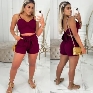 Promoção: Conjunto Top Cropped Moda Feminina com bojo e amarrar atrás + Short Verão com bolsos laterais - Roxo