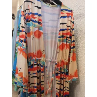 Moda 2022: Saída de Praia Estampada Manga Longa Olho Grego/Tropical - olho azul