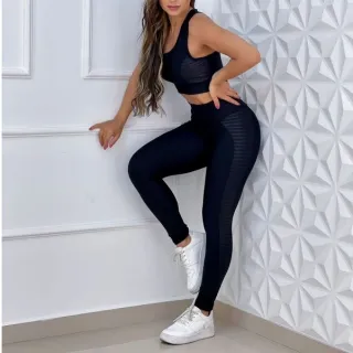 Roupa de Academia Feminina - Conjunto Fitness Top com Bojo + Calça Legging Cós Alto - Preto/Azul