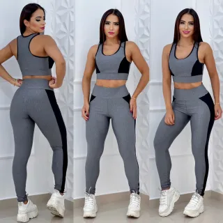 Roupa de Treino Feminina Conjunto Top com Bojo e Calça Legging Cintura Alta - Preto/Cinza
