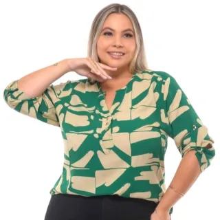 Camisa Social Feminina Estampada Plus Size Manga 3/4 - PRETO  COM BRANCO