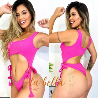 Biquíni Anita Gringo Asa Delta Fio Dental Cavado Amarração Lateral - Drika Fio Rosa/Branco