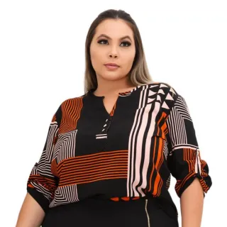 Camisa Social Feminina Estampada Plus Size Manga 3/4
