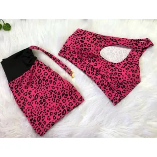 Conjunto short com cordinha e top com bojo para academia - Oncinha neon lateral