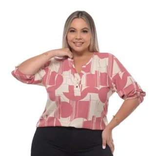 Camisa Social Feminina Estampada Plus Size Manga 3/4 - PRETO  COM BRANCO