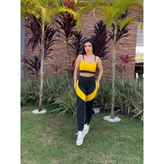 Detalhe Lateral Tule Suplex e Cirrê Fitness Academia Legging Calça - Preto/Amarelo