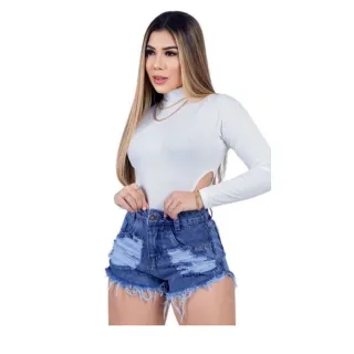 Short Feminino Cintura Alta Barra Dobrada Luxo - JEANS ESCURO