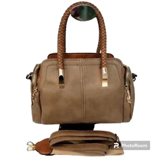 Alça Transversal Bolsa Baú Feminina Média Couro Sintético 3002/3003 - Bege com Caramelo