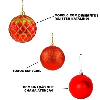 Enfeite Arvore de Natal Bola Grande Vermelha 7cm - Kit com 10 - Kit 10 Diamante Dourado de 7cm