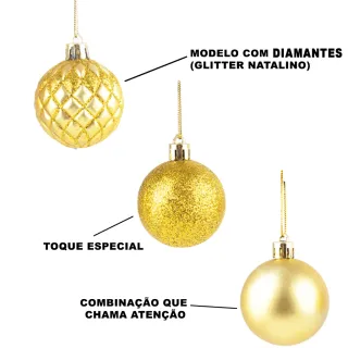 Enfeite Arvore de Natal Bola Grande Vermelha 7cm - Kit com 10 - Kit 10 Diamante Dourado de 7cm