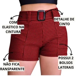 Shorts Soltinho Xadrezinho Feminino em Malha Crepe com Elasticidade - Vermelho