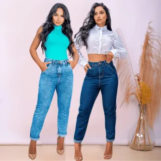 Wide Leg Calça Mom Jeans Feminina Algodão Levanta Bumbum - CALÇA MOM FAMOSINHA