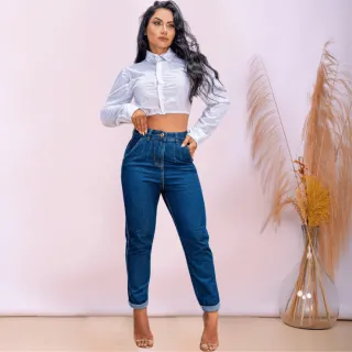 Wide Leg Calça Mom Jeans Feminina Algodão Levanta Bumbum - CALÇA MOM FAMOSINHA