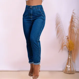 Wide Leg Calça Mom Jeans Feminina Algodão Levanta Bumbum - CALÇA MOM FAMOSINHA