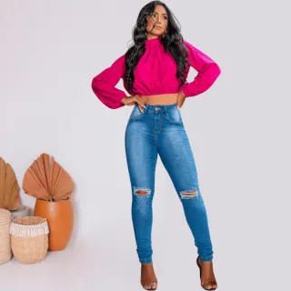 Lançamento Moda: Calça Feminina Jeans Skinny Cós Alto - Levanta Bumbum - Calça skinny jeans claro