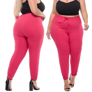 Calça Jogger Plus Size Feminina Cintura Alta em Tecido Duna - Rosa