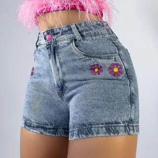 Jeans Feminina Bordado Cós Alto - Promoção Online - Short flor colorida