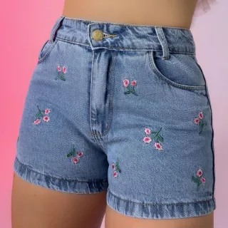 Jeans Feminina Bordado Cós Alto - Promoção Online - Short flor colorida