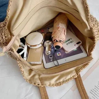 Saco de ombro feminino redondo de praia em palha para o verão - S-20008 Bege