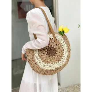 Saco de ombro feminino redondo de praia em palha para o verão