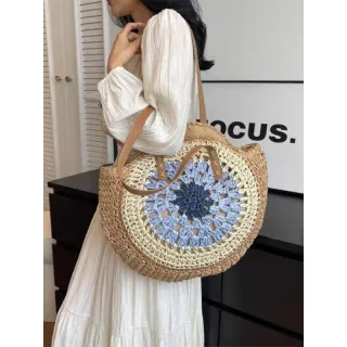 Saco de ombro feminino redondo de praia em palha para o verão - S-20008 Bege