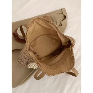 Saco de ombro feminino redondo de praia em palha para o verão - S-20008 Bege