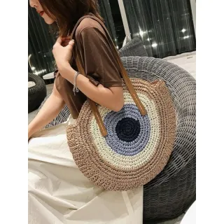 Saco de ombro feminino redondo de praia em palha para o verão - S-20008 Bege