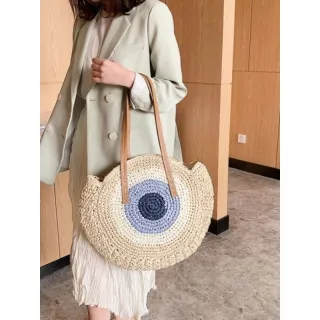 Saco de ombro feminino redondo de praia em palha para o verão - S-20008 Bege
