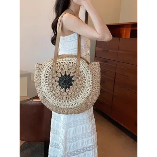 Saco de ombro feminino redondo de praia em palha para o verão - S-20008 Bege