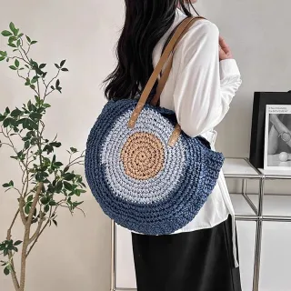 Saco de ombro feminino redondo de praia em palha para o verão - S-20008 Bege