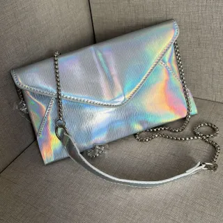 Bolsa de Festa Metalizada Feminina Envelope com Alça de Corrente - tamanho maior prata