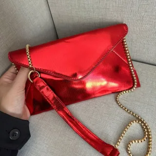 Bolsa de Festa Metalizada Feminina Envelope com Alça de Corrente - tamanho maior prata