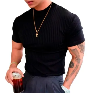 Promoção Camiseta Masculina Slim Gola Alta Manga Curta - Preto