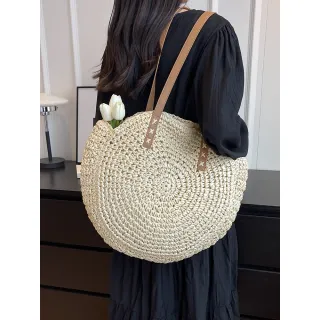 Saco de ombro feminino redondo de praia em palha para o verão - S-20008 Bege