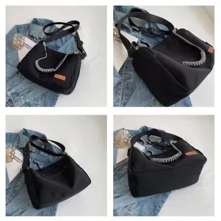 Estudante de nylon impermeável lona bolsa ombro crossbody - Preto