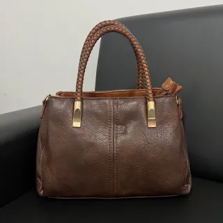 Alça Transversal Bolsa Baú Feminina Média Couro Sintético 3002/3003 - Bege com Caramelo
