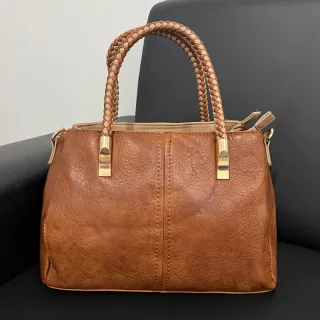 Alça Transversal Bolsa Baú Feminina Média Couro Sintético 3002/3003 - Bege com Caramelo