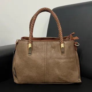 Alça Transversal Bolsa Baú Feminina Média Couro Sintético 3002/3003 - Bege com Caramelo