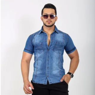 Camisa Manga Curta de Botão Jeans Claro - P